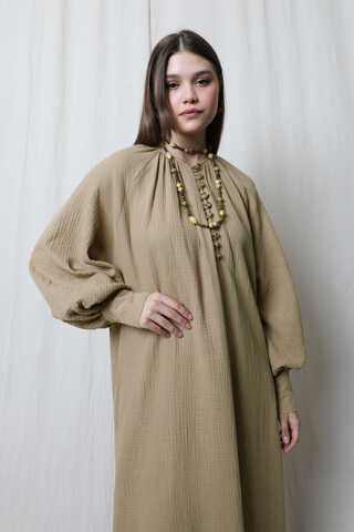 Düğme Yaka Müslin Elbise Vizon - 1