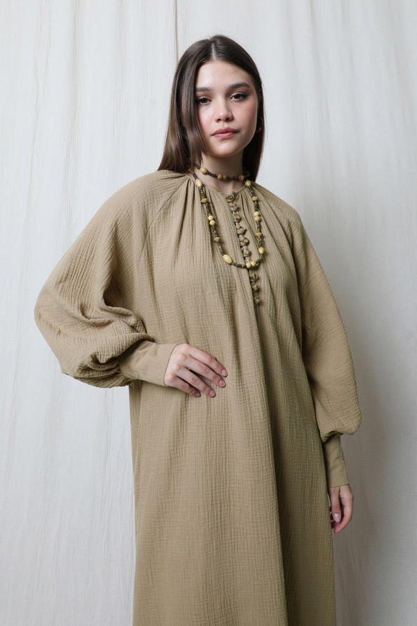 Düğme Yaka Müslin Elbise Vizon - 1