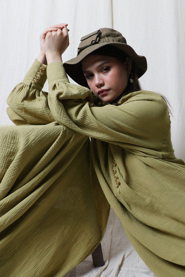 Düğme Yaka Müslin Elbise Yağ Yeşili - 3