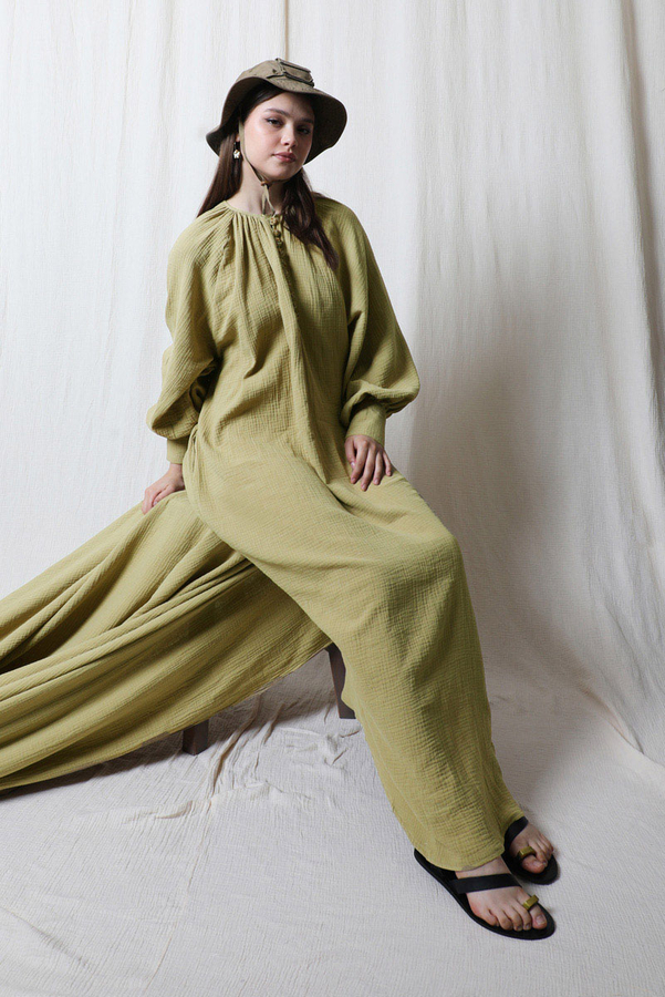 Düğme Yaka Müslin Elbise Yağ Yeşili - 4