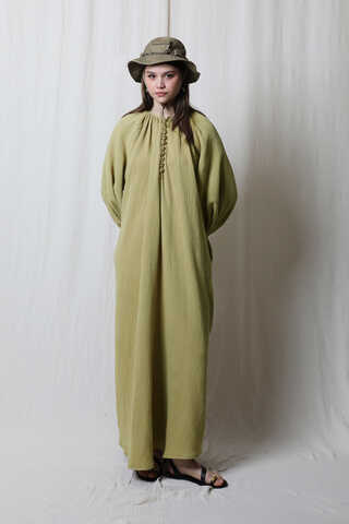 Düğme Yaka Müslin Elbise Yağ Yeşili - 2