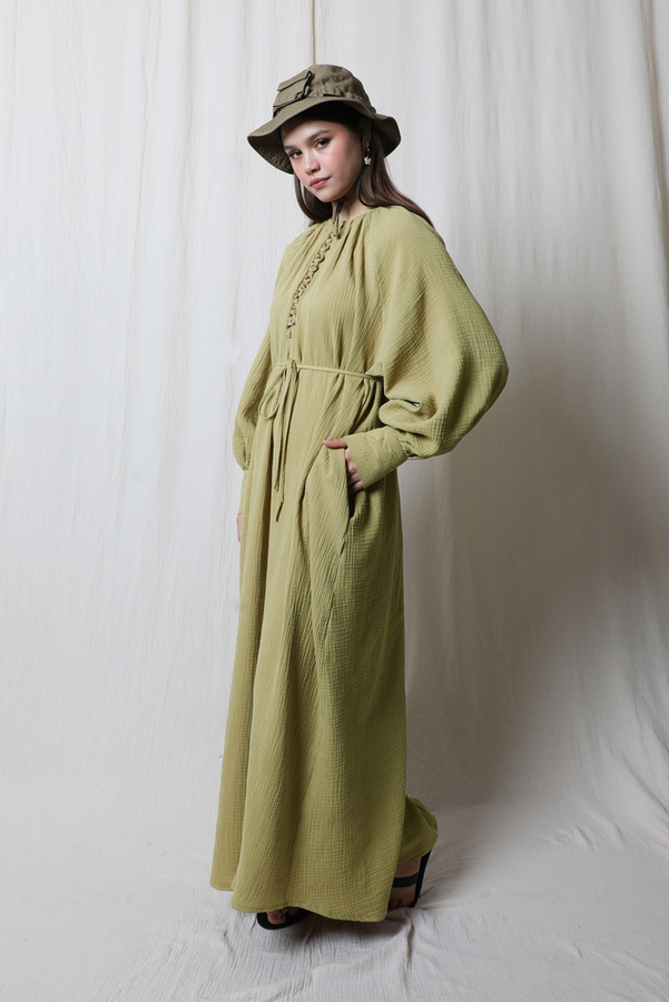 Düğme Yaka Müslin Elbise Yağ Yeşili - 7