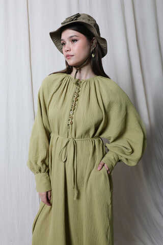 Düğme Yaka Müslin Elbise Yağ Yeşili - 5