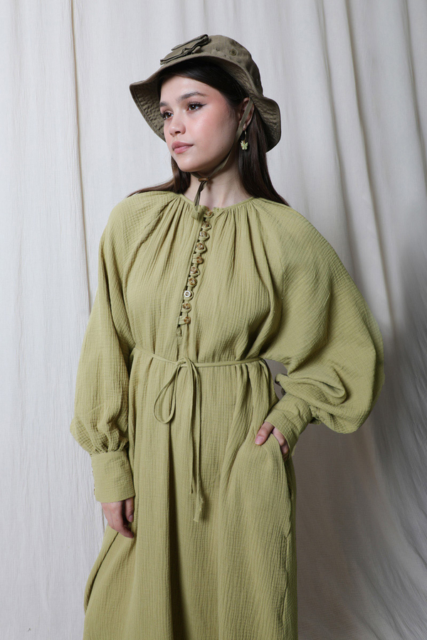 Düğme Yaka Müslin Elbise Yağ Yeşili - 5
