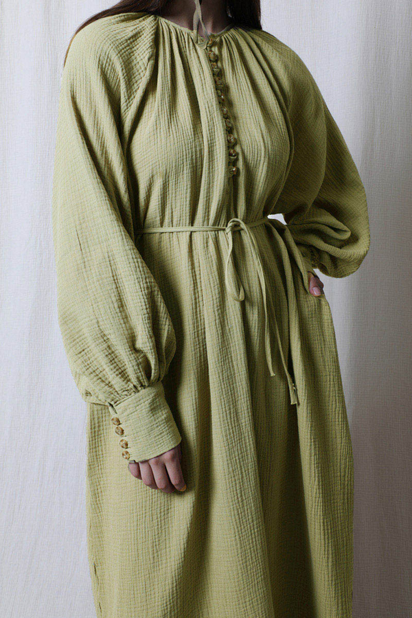 Düğme Yaka Müslin Elbise Yağ Yeşili - 6