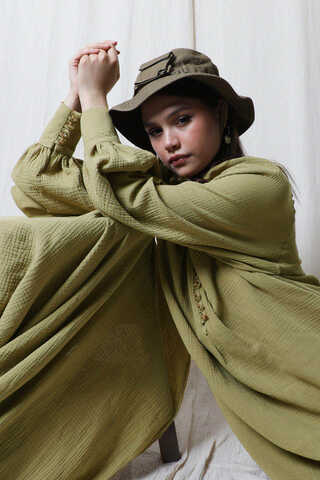 Düğme Yaka Müslin Elbise Yağ Yeşili - 3