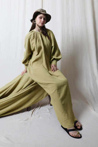 Düğme Yaka Müslin Elbise Yağ Yeşili - 4