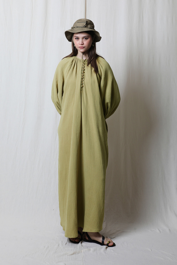 Düğme Yaka Müslin Elbise Yağ Yeşili - 2