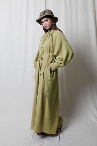 Düğme Yaka Müslin Elbise Yağ Yeşili - 7