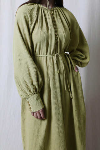 Düğme Yaka Müslin Elbise Yağ Yeşili - 6