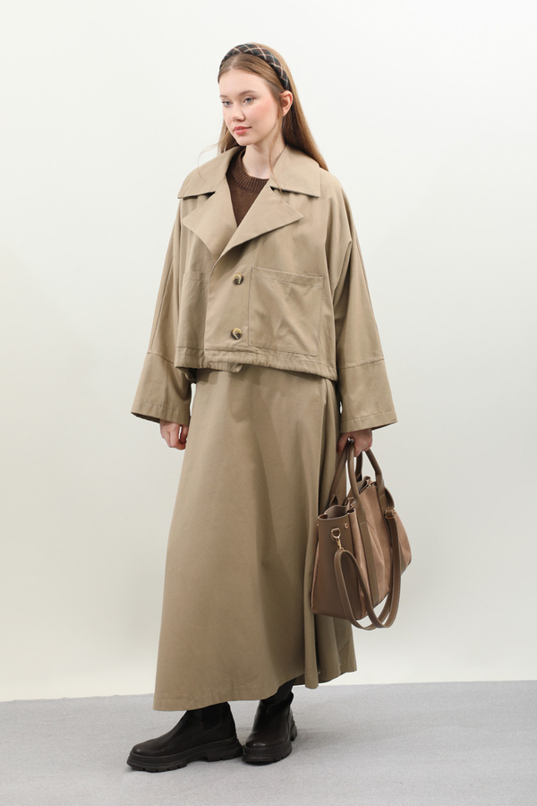 Düğmeli Ceket Etek Takım Camel - 3