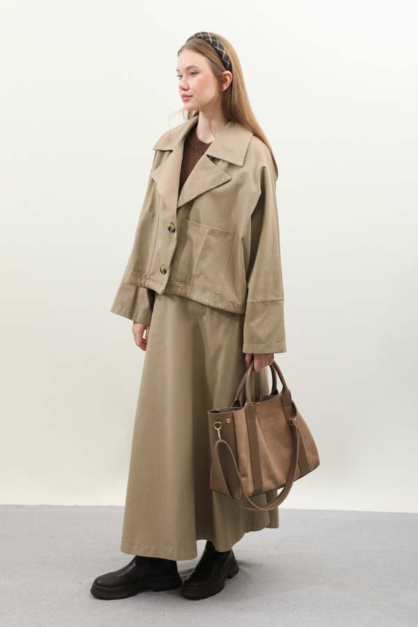 Düğmeli Ceket Etek Takım Camel - 6