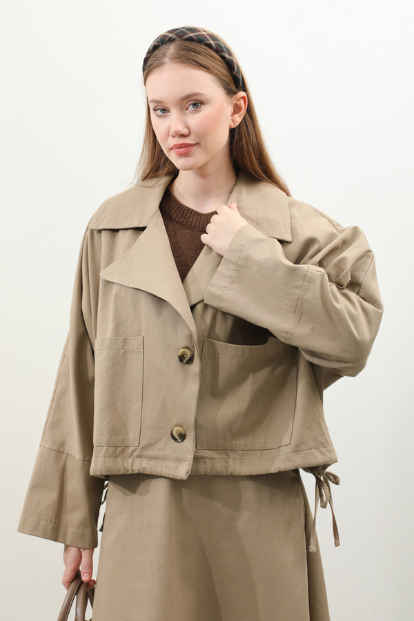 Düğmeli Ceket Etek Takım Camel - 1