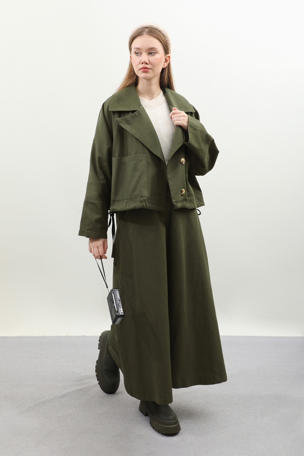 Düğmeli Ceket Etek Takım Haki 