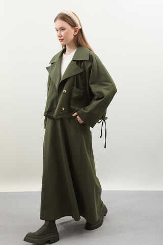 Düğmeli Ceket Etek Takım Haki - 3