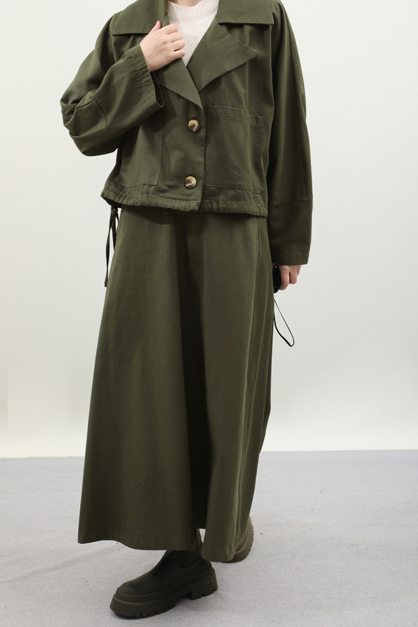 Düğmeli Ceket Etek Takım Haki - 5