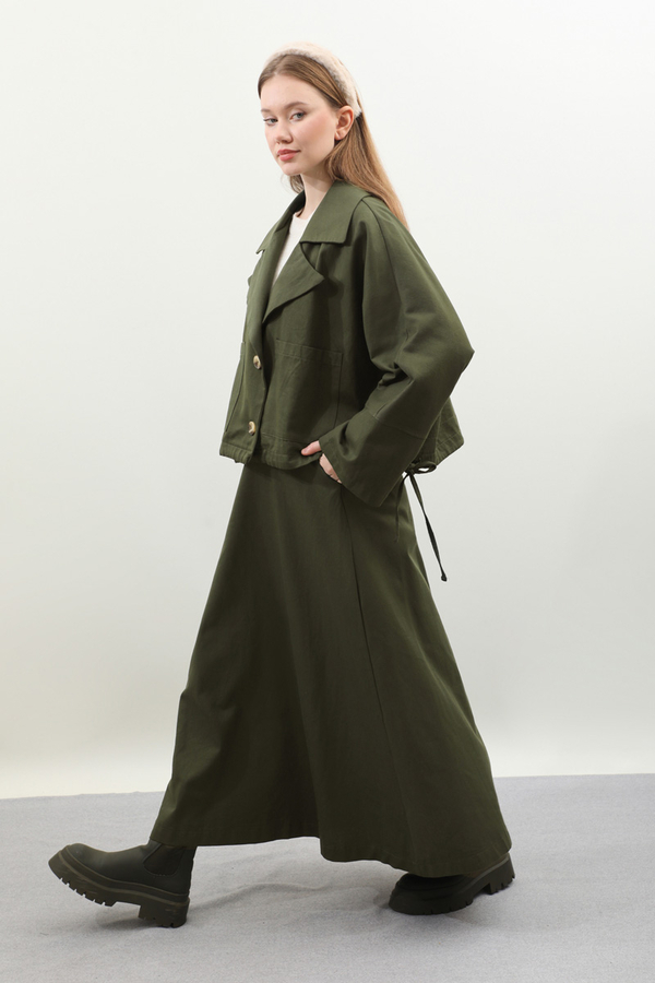 Düğmeli Ceket Etek Takım Haki - 6