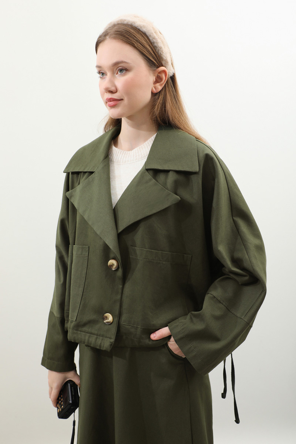 Düğmeli Ceket Etek Takım Haki - 7