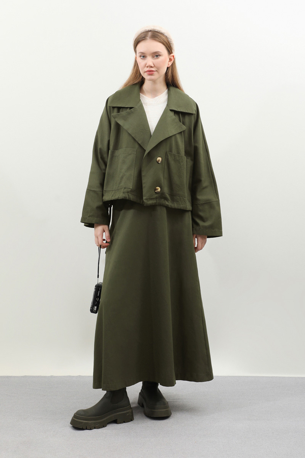 Düğmeli Ceket Etek Takım Haki - 2