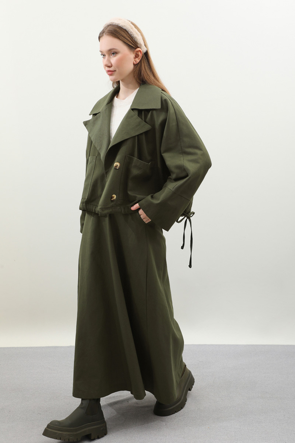 Düğmeli Ceket Etek Takım Haki - 3