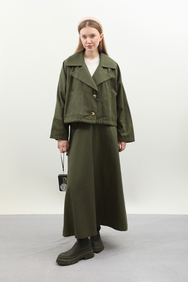 Düğmeli Ceket Etek Takım Haki - 4