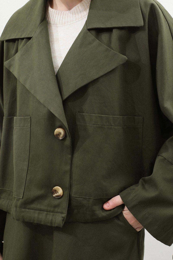 Düğmeli Ceket Etek Takım Haki - 8