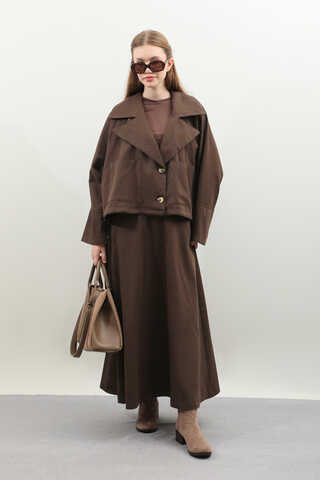 Düğmeli Ceket Etek Takım Kahverengi - 6