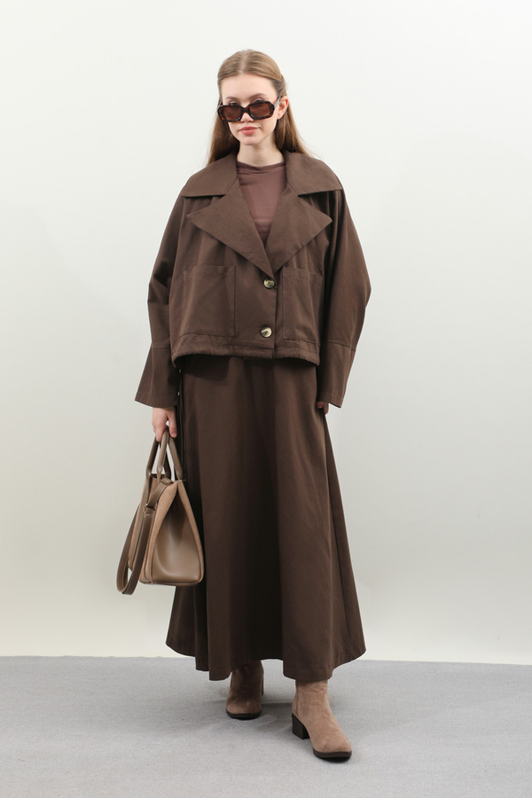 Düğmeli Ceket Etek Takım Kahverengi - 6