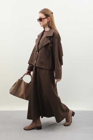 Düğmeli Ceket Etek Takım Kahverengi - 7