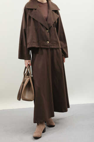 Düğmeli Ceket Etek Takım Kahverengi - 8