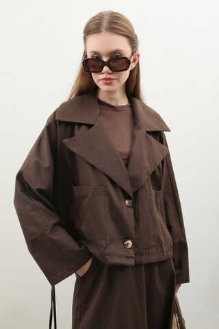 Düğmeli Ceket Etek Takım Kahverengi - 9