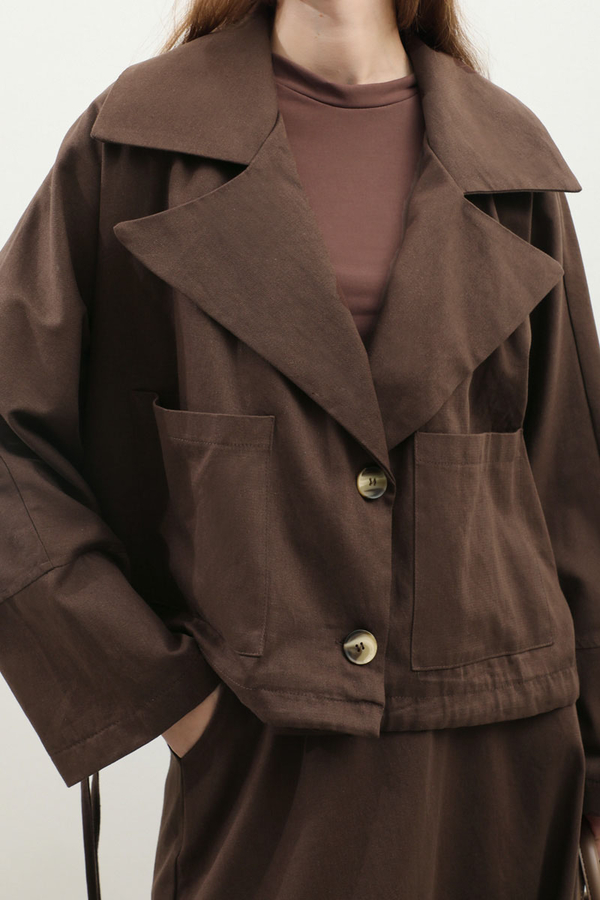 Düğmeli Ceket Etek Takım Kahverengi - 10