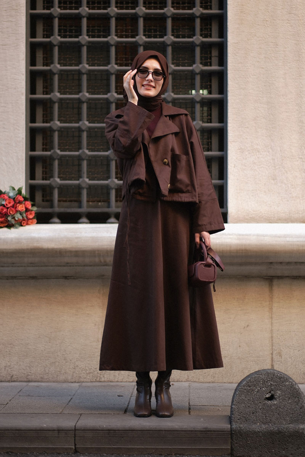 Düğmeli Ceket Etek Takım Kahverengi - 1