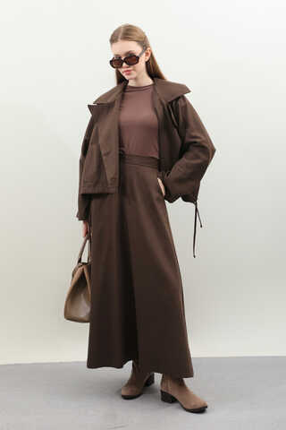 Düğmeli Ceket Etek Takım Kahverengi - 4