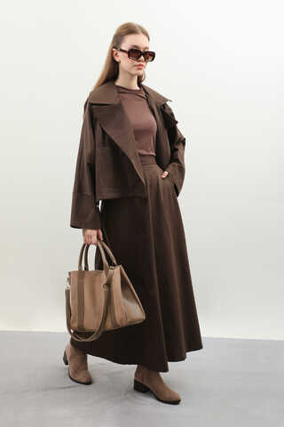 Düğmeli Ceket Etek Takım Kahverengi - 3