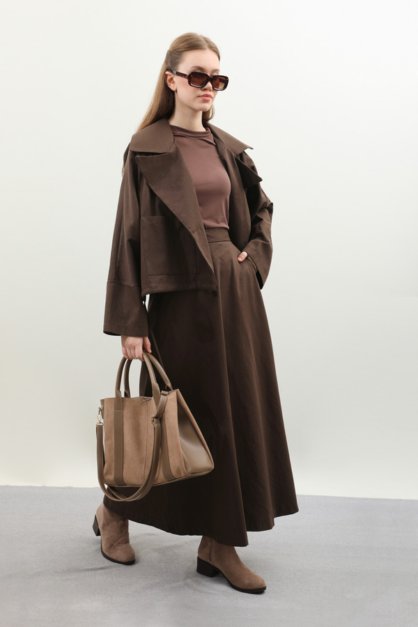 Düğmeli Ceket Etek Takım Kahverengi - 3