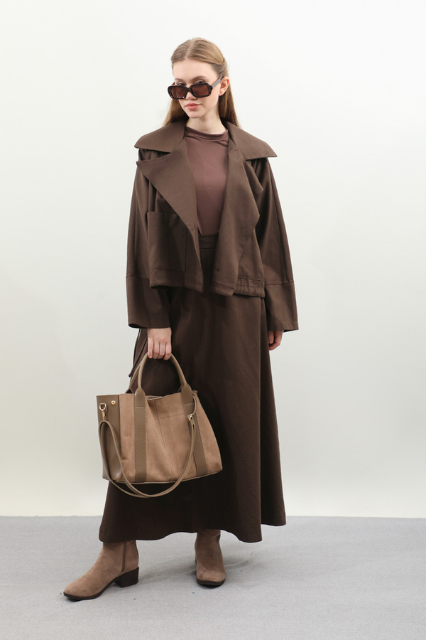 Düğmeli Ceket Etek Takım Kahverengi - 5