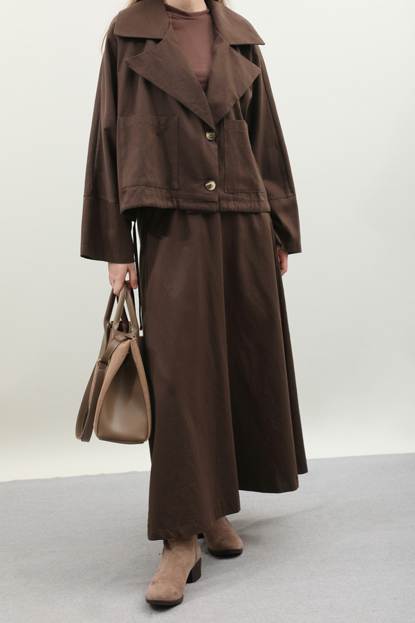 Düğmeli Ceket Etek Takım Kahverengi - 8