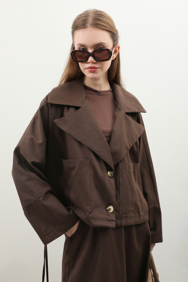 Düğmeli Ceket Etek Takım Kahverengi - 9