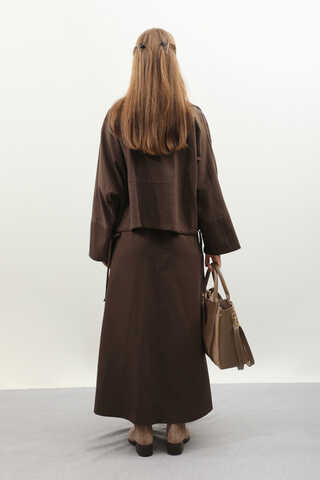 Düğmeli Ceket Etek Takım Kahverengi - 11