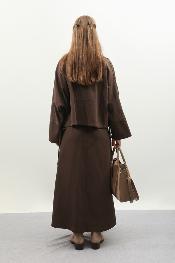 Düğmeli Ceket Etek Takım Kahverengi - 11