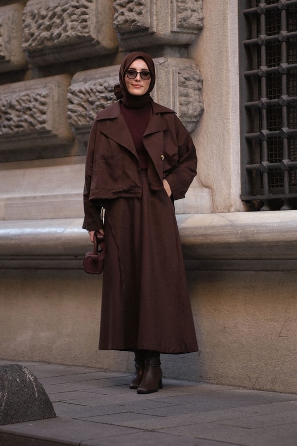 Düğmeli Ceket Etek Takım Kahverengi - 2