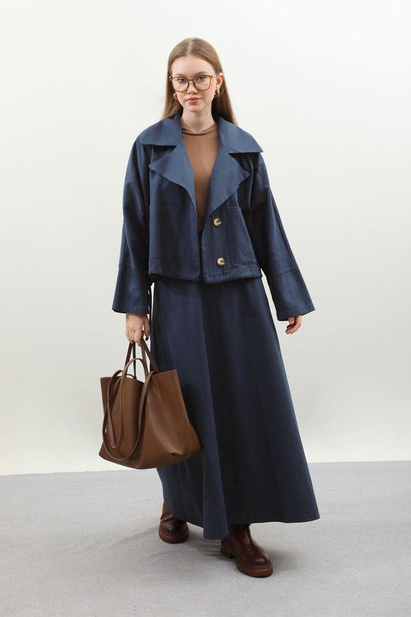 Düğmeli Ceket Etek Takım Lacivert - 2