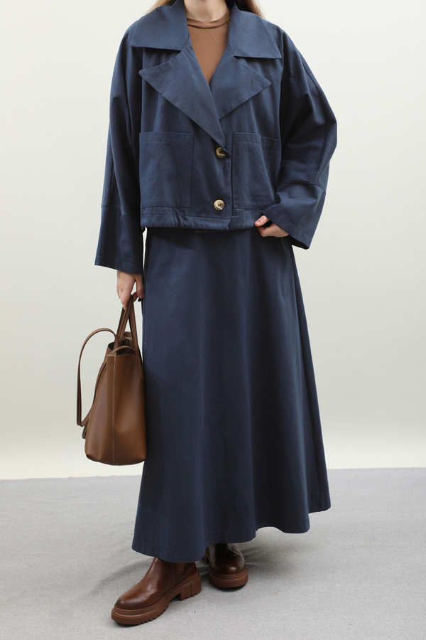 Düğmeli Ceket Etek Takım Lacivert - 4