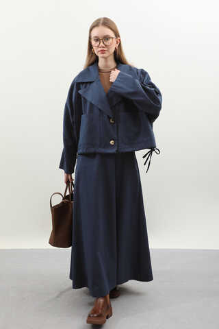 Düğmeli Ceket Etek Takım Lacivert - 5
