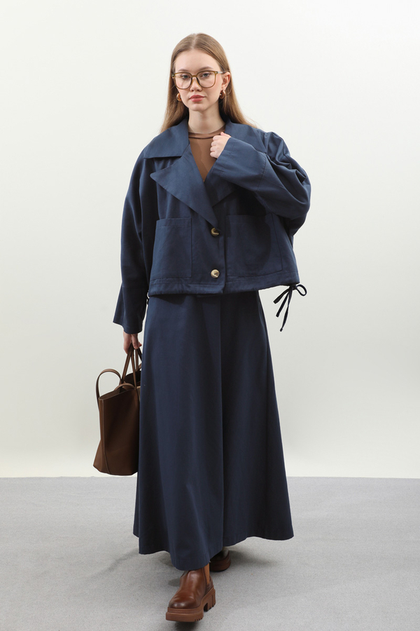 Düğmeli Ceket Etek Takım Lacivert - 5