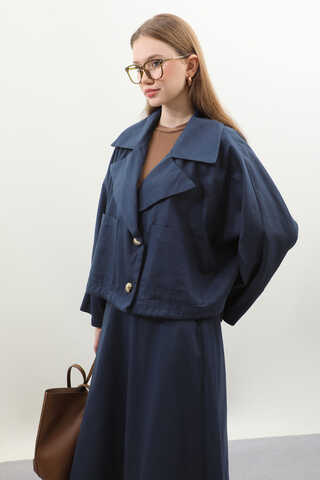 Düğmeli Ceket Etek Takım Lacivert - 6