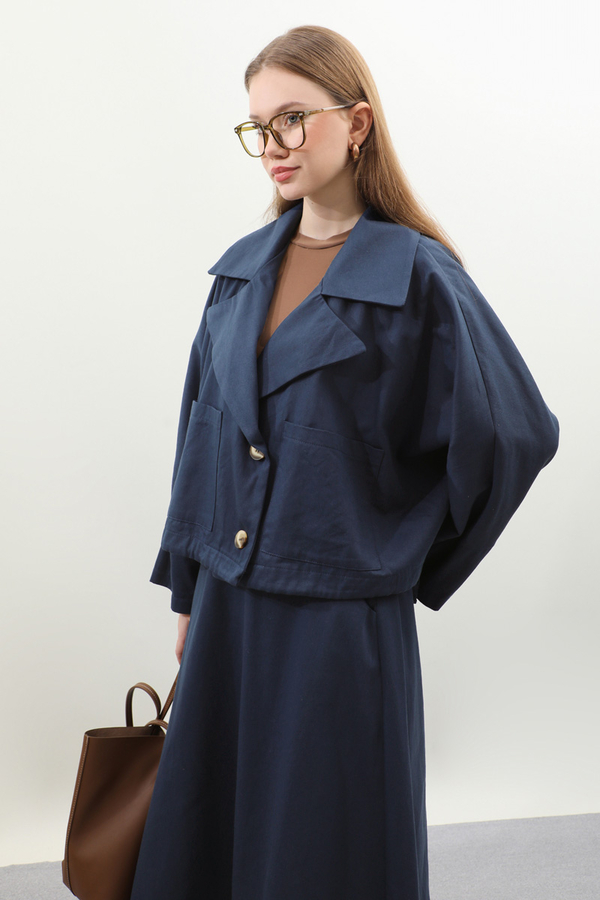 Düğmeli Ceket Etek Takım Lacivert - 6