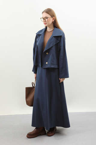 Düğmeli Ceket Etek Takım Lacivert - 3