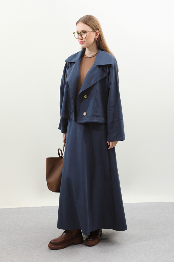 Düğmeli Ceket Etek Takım Lacivert - 3